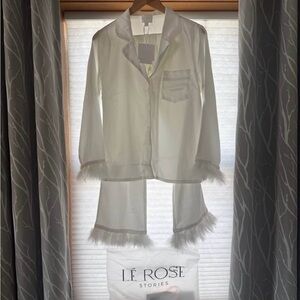 Women's White Feather-Trim Satin Bridal Pajama Set